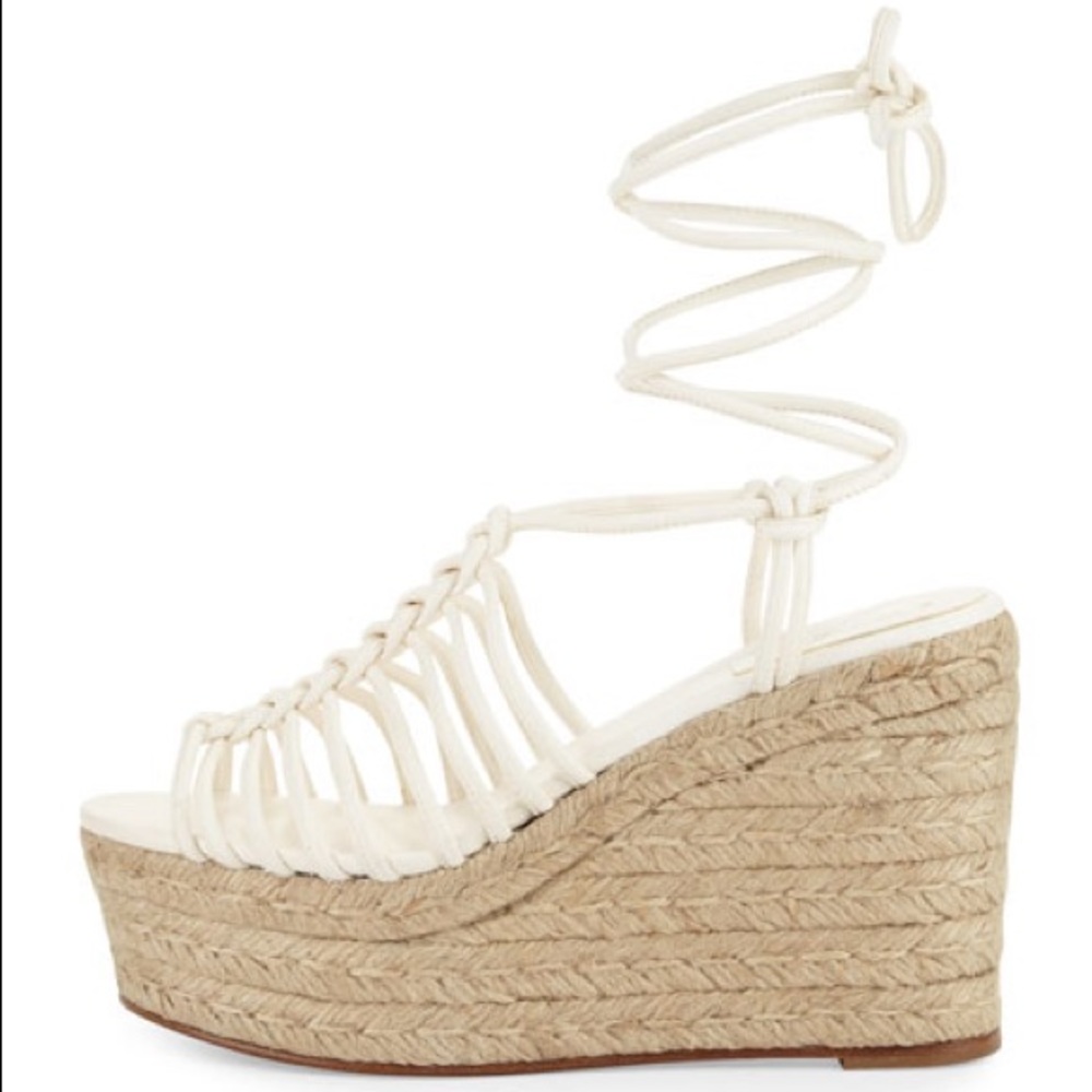 Chloe Ivory White Leather Woven Platform Wedge Espadrille Raffia Hemp Sandals 9